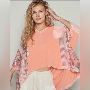 NEW POL Coral Orange Oversized Bohemian Lace Patchwork High Low Top Size Small
